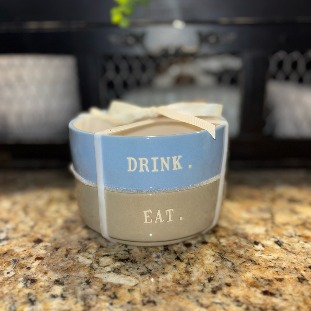Rae Dunn Blue and Tan Drink & Eat Bowl Set